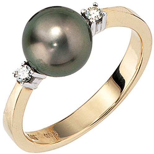 Jobo Damen-Ring aus 14 Karat 585 Gold mit Tahiti-Zuchtperle und 2 Diamanten Größe 58