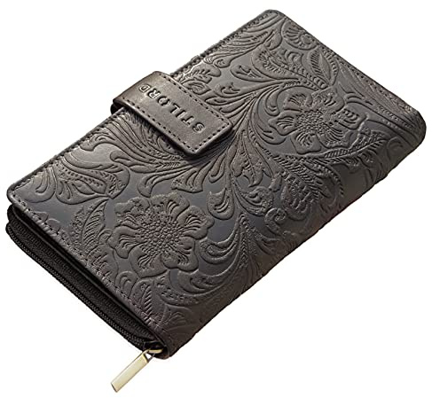 STILORD Greta Vintage Damen Geldbörse Leder Portemonnaie Blumen Muster Große Geldbörse Lianen Gross Quer 13x EC-Karten und Kleingeld aus Rindsleder Farbe:Sepia - braun