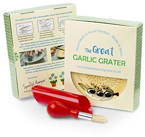 Garlic Grater Plate Set with Brush and Peeler, (#Ref 24). Cream Plate with Black Rim and Olive Pattern. Handmade and Hand Painted in Cordoba, Spain.