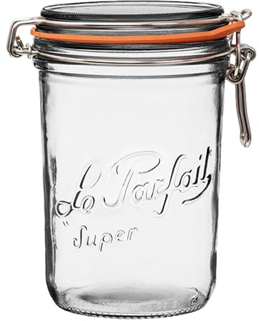 Le Parfait Super Terrine 1L (32oz) Zero Waste Eco-Friendly Glass Canning Jar, Airtight Rubber Seal & Wire Bail Lid, BPA-Free, Water Bath Safe for Food Storage & Preserving, Made in France