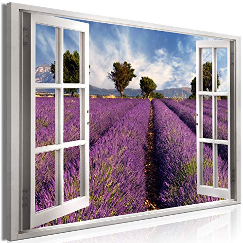 murando - Wandbilder XXL Fensterblick 120x80 cm 1 tlg - Wand Deko Vlies Leinwand Bilder Groß Wanddeko Wohnzimmer Schlafzimmer Kunstdrucke - Landschaft Lavendel c-C-0370-b-a