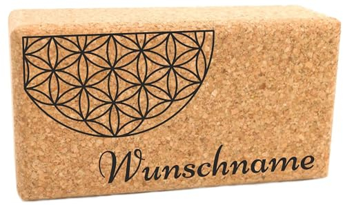 Yogablock Kork personalisert Motiv: Flower of Life & Name - 22.5 x 12 x 7.5cm - Dein eigener Yoga Block mit Lasergravur