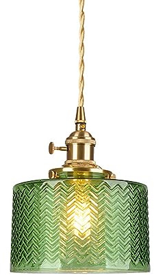 HJXDtech Vintage Hängelampe aus E27 Messing Lampenfassung mit Handgeprägtem Glas Lampenschirm, Elegante Grün Pendelleuchte für Küche, Wohnzimmer & Esszimmer