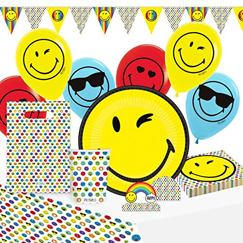 Amscan 9907562 - Partyset Smiley World, 8 Teller, 8 Becher, 16 Servietten, Tischdecke, 8 Papiertüten, 8 Einladungsets, Girlande, 6 Latexballons
