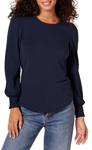 Amazon Essentials T-Shirt Girocollo a Manica Lunga con Polsini Punto Smock Donna, Blu Marino, L