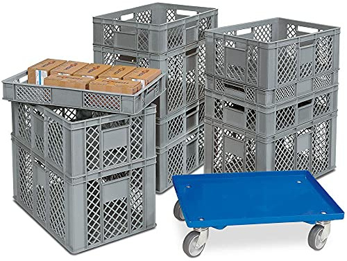 BRB 11 Eurobehälter/Stapelkörbe in 4 Höhen, PE-HD, grau, LxB 600x400 mm, H 90 mm/150 mm/240 mm/320 mm, inkl. Transportroller