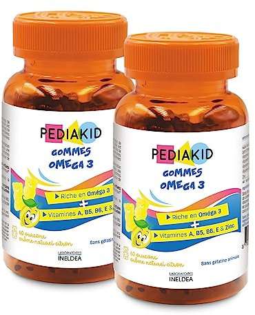 PEDIAKID - Omega 3 gums - Natürliche Formel mit köstlichem Zitronenaroma - Unterstützt die kognitiven Funktionen - Fördert das Wachstum und die Entwicklung des Gehirns - 2 Stück