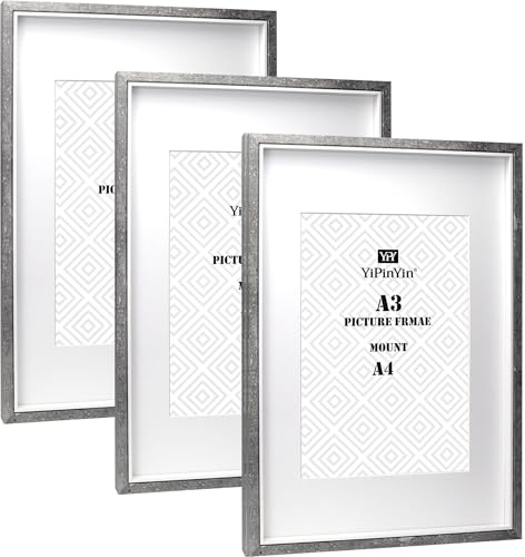 Zweifarbiger Bilderrahmen im A3-Format, 3er-Set, mit Passepartout für A4-Druck, zementgraue Box-Rahmen mit Passepartout für A4-Poster, 3 Stück, grauer A3-Posterrahmen mit Passepartout für A4-Poster.