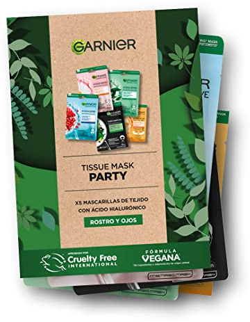 GARNIER Colección de Regalo, 5 Mascarillas Faciales con Ácido Hialurónico para Rostro y Ojos, Fórmulas Veganas, Aprobado por Cruelty Free International