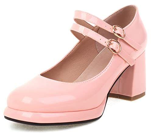 Lizoleor Zapatos Merceditas Mujer Tacon Ancho Plataforma Punta Redonda Zapatos Correa Tobillo Novia Fiesta Elegantes Moda Pantorrilla Ancha Charol Rosa Talla 38 EU/39CN