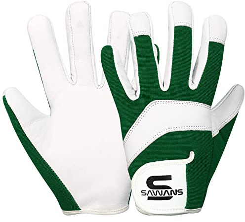 SAWANS Leather Gardening Safety Working Gloves Thorn Proof for Men and Women Multipurpose Garden Gloves for Ladies Durable Mechanic Builder Construction Non-Slip Rigger Gloves (Large, White/Green)