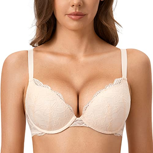 DOBREVA Women's Push Up Lace Bra Sexy Plunge Padded Underwire Support Bras Lift Up Rose White 40B