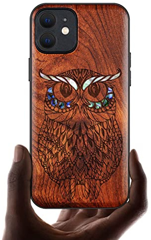 Carveit Coque magnétique pour iPhone 12 Étui Luxe [Gravure en Bois et Incrustation de Coquille] Compatible Magsafe avec 12 Artistique Coque (Rosé-Chouette)