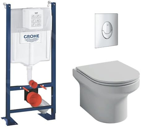 Jacob Delafon Pack WC Suspendu sans Bride Bâti Support WC Grohe + Plaque Commande chromé Rond Quickfix