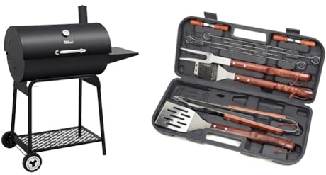 Royal Gourmet CC1830 30 Barrel Charcoal Grill with Side Table, 627 Square Inches & Cuisinart CGS-W13 Wooden Handle Tool Set, Black, Deluxe Pizza Grilling Pack (13-Piece)