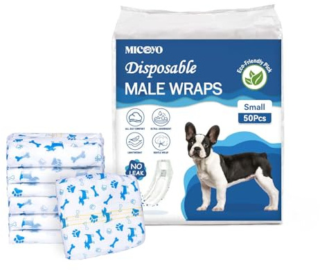 MICOOYO Engångs hundblöjor man, hundblöjor för husdjur vovve valp, superabsorberande manlig hundomslag med våtindikator (S, 20-pack)