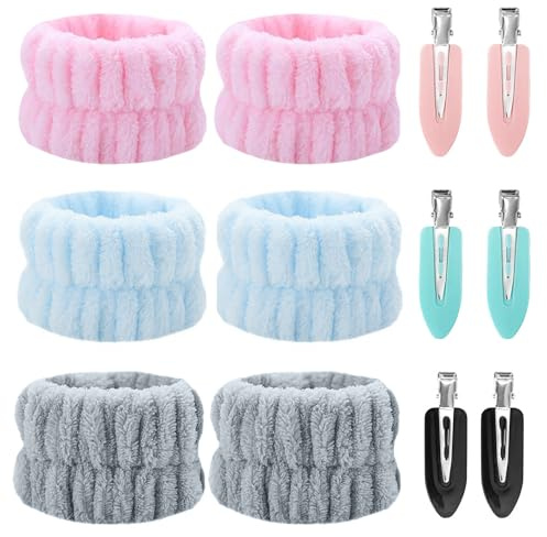 6 braccialetti da toilette in pile corallo per il lavaggio del viso, strisce da polso facciali assorbenti d'acqua per trucco di yoga, sport, doccia, 6 clip di anatroccolo, per donne e ragazze (6