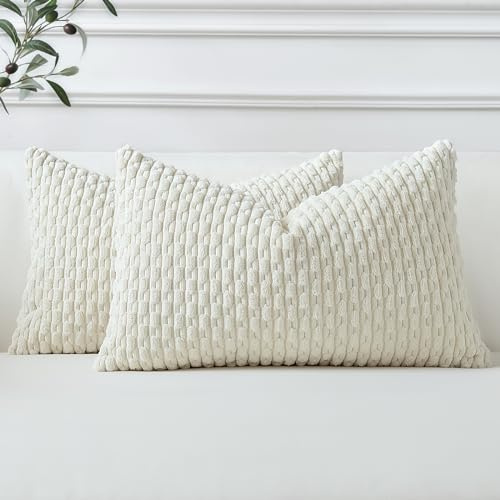 Sungeek Lot de 2 Housse de Coussin Blanc Crème 30x50 cm en Velours Côtelé, Housse Coussins Rayures Bohèmes Doux Taies d'oreiller Décoratives pour Lit Canapé Chaise Chambre Salon