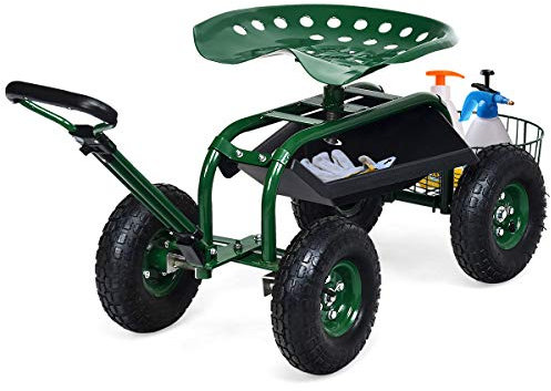 COSTWAY Siège de Jardin Roulant avec Poignée Extensible, Chariot Jardinage avec Siège Rotative 2 Plateaux à Outils Panier de Rangement 4 Roues en Caoutchouc (96,5 x 48,5 x 45,5-54,5 cm)