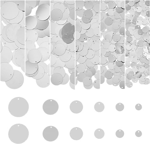DICOSMETIC Lentejuelas planas redondas de plástico para manualidades, 880 unidades, 8/10/12/16/19/25 mm, plateadas, metálicas, grandes, sueltas para decoración, bordado de prendas