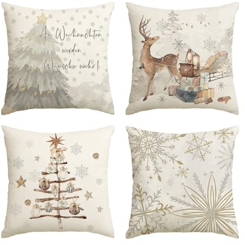 Artoid Mode Schneeflocken Bäume Geschenke Rentier Weihnachten Kissenbezüge 4er Set, 50x50 cm Winter Stern Zierkissenbezug Cushion Cover Couch Deko