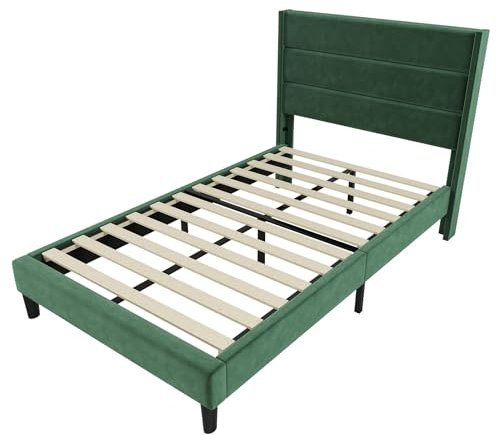 BXEYXE Polsterbett 90 x 200 cm, Bettgestell mit Lattenrost & Kopfteil, gepolstertes Doppelbett, Textilbezug Samt in Dunkelgrün, Zeitloses modernes Design, Jugendbett