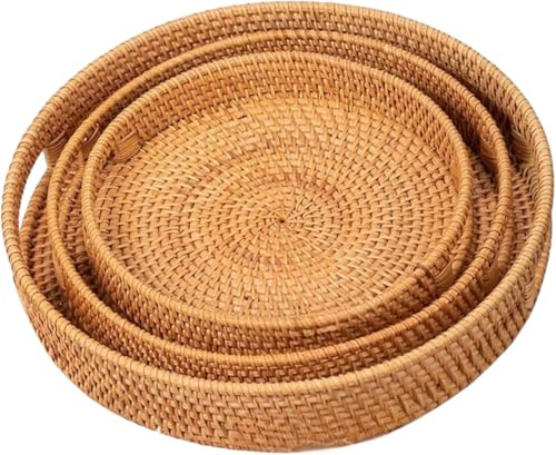 Dudoplatz Rundes Rattan Serviertablett mit Ausgeschnittenen Griffen, Handgeflochtenes Dekoratives Tablett, einsetzbar für Frühstück, Getränke, Snacks und Kerzen (3er-Set: 25 cm, 30 cm, 35 cm)