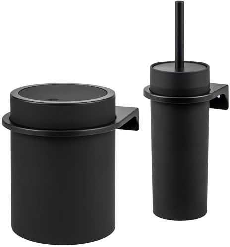 bremermann rundes 2tlg. Bad-Set Savona mit gummierter Softtouch-Oberfläche inkl. Wandhalterung zum Kleben oder Bohren, moderner Kosmetikeimer 5,5 Liter und WC-Garnitur aus Kunststoff (Schwarz)