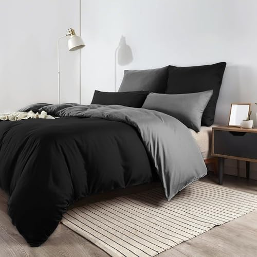 Soifox Double Duvet Set, 3 Piece Microfiber Reversible Bedding Double Bed Set Black and Dark Grey, Soft and Non Iron Quilt Duvet Cover with 2 Pillowcases 50x75cm