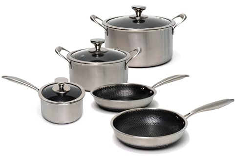 Maralbi Batería de Cocina 5 Piezas Acero Inoxidable 18/10 Triply – 3 Ollas (16+20+24 cm) con Tapas de Vidrio + 2 Sartenes (20+24 cm) – Interior Panal Sin PFOA – Inducción y Horno