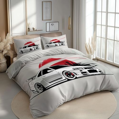 CozyRest Juego de Funda nórdica para niños, 180 x 220 cm Coche Deportivo japonés 3 Piezas, Suave, cómodo, Gris Humo Reversible, Transpirable, Juego de Cama