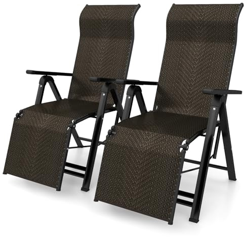 COSTWAY Lot de 2 Chaise de Jardin Pliante en Rotin, Fauteuil Extérieur Pliable avec Dossier Réglable et Cadre en Métal, Fauteuil Inclinable pour Patio Terrasse Balcon, Marron (59 x 68 x 113 cm)