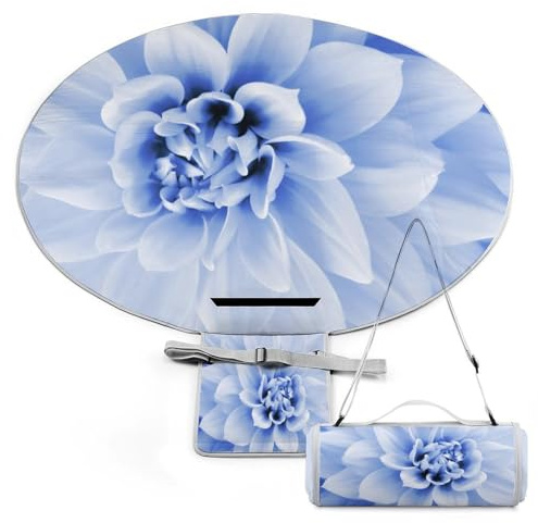 Manta de picnic redonda con diseño de flor de dalia azul y blanca, con correa de transporte, plegable, portátil, de 3 capas, impermeable, para acampar al aire libre, tapete de playa de verano de 60 pu