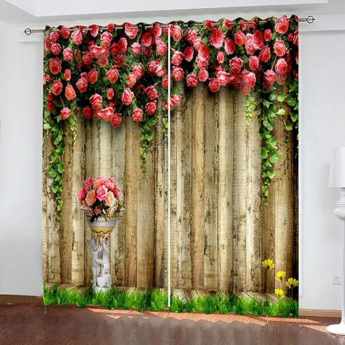 Bishilin Vorhänge mit Ösen 107x229CM 2er Set, Verdunklungsvorhänge Blickdicht 3D Holzbrett Hintergrund und Blumen Muster Gardinen Kinderzimmer Jugendzimmer
