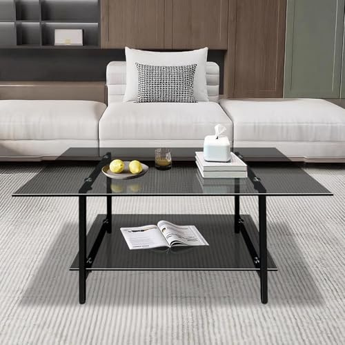Jahof Glas Couchtisch 100 x 50 x 45 cm, Moderner Kaffeetisch Rechteckig Schwarz, Wohnzimmertisch mit Metallgestell, Beistelltisch für Wohnzimmer, Büro