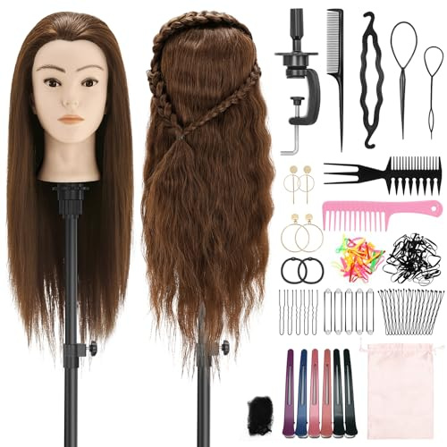 Yekavo Frisierkopf Echthaar, Trainingskopf mit 90% Echthaar 61cm/24inch, Schaufensterpuppe Kopf Übungskopf, Frisieren Kosmetologie Puppe Kopf mit Tischklemme Halter und Friseur-Werkzeug-Set (Braun)