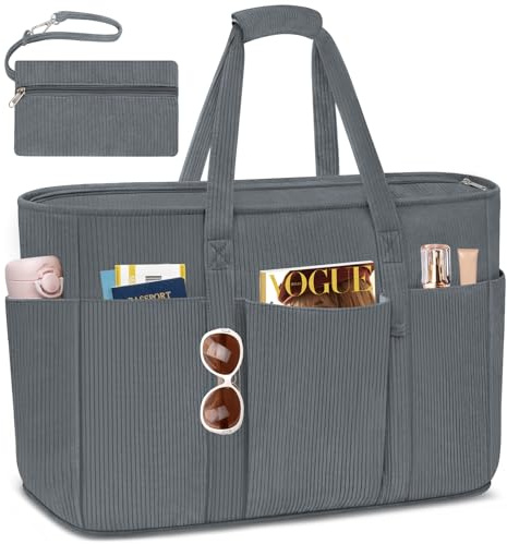 TEUEN Große Strandtasche mit Reißverschluss | 45L Tote Bag XXL Familie aus Kord Beach Bag Badetasche Shopper Damen für Strand Reisen Einkaufen Fitnessstudio Alltag