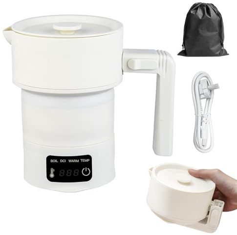 Bollitore pieghevole da viaggio, 600 ml, piccolo bollitore elettrico, da campeggio, in silicone, portatile, per viaggio, bianco, 1000 W, per cucina, viaggi, campeggio, attività all'aperto
