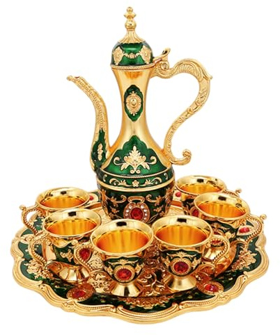 Moroccan Tea Set, 6Pcs Turkish Coffee Cup Set with Pot, Vintage Kitchen Accessories for Home, Party, Wedding(Green)