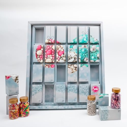 Sallys Streuselkalender – Adventskalender mit 24 Streudekoren aus Zuckerware – zum Backen & Verzieren – in wiederverwendbaren Fläschchen – Weihnachtskalender für Hobbybäcker & Deko-Fans