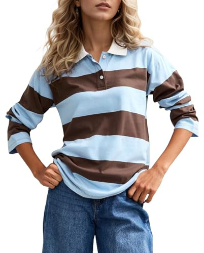 MISSACTIVER Womens Striped Polo Long Sleeve Shirts Color Block Lapel V Neck Workout Tops Fall Loose Rugby Tshirts Blouse Blue Brown