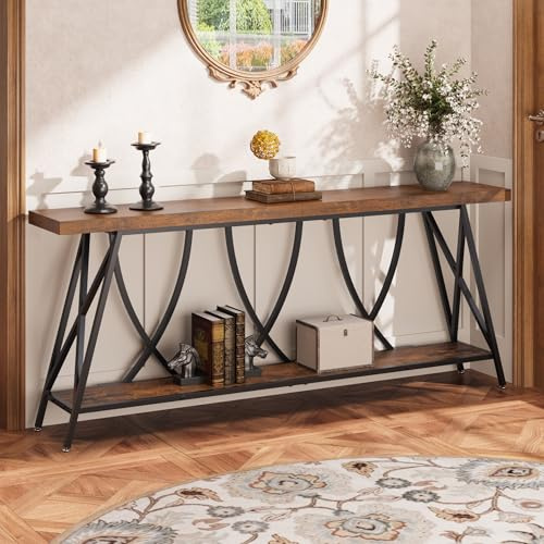 JUSTOGO 70.9 Narrow Console Table for Entryway, Industrial Long Sofa Table Behind Couch, Farmhouse Hallway Table with Storage for Living Room, Entrance, Foyer, Rustic Brown
