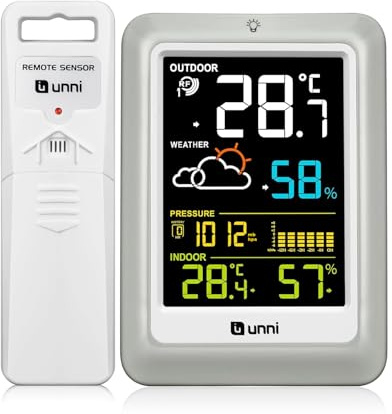 Termómetro inalámbrico para interiores y exteriores con 1 Sensor, funciona con USB y baterías, Sensor remoto de 100 m de alcance y pantalla con retroiluminación (Colorido)