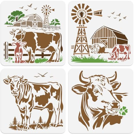 DOODLREAM 4 plantillas de vaca lechera para pintar, 30 x 30 cm, plantillas reutilizables para dibujar vacas, granjas, plantillas de manualidades para pintar y decorar paredes y textiles para el hogar