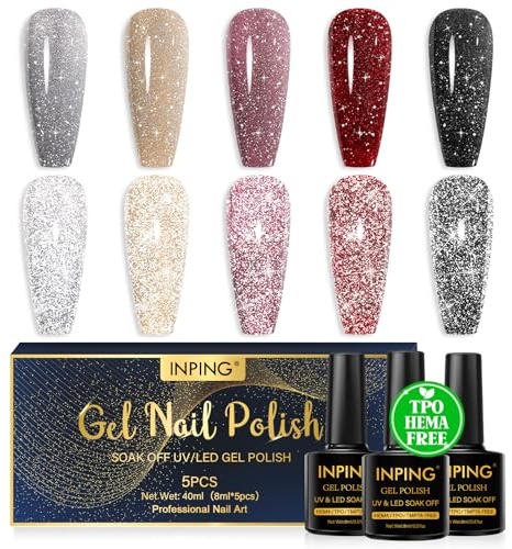 INPING UV Nagellack TPO-FREE Reflechissant 5 Farben Gel Nägel 8ML | Silber Golden Rot Schwarz Glitzer Gelnägel, Soak-Off UV/LED Nail Polish Gellack für Anfänger DIY Nail Art Lack Maniküre Salon