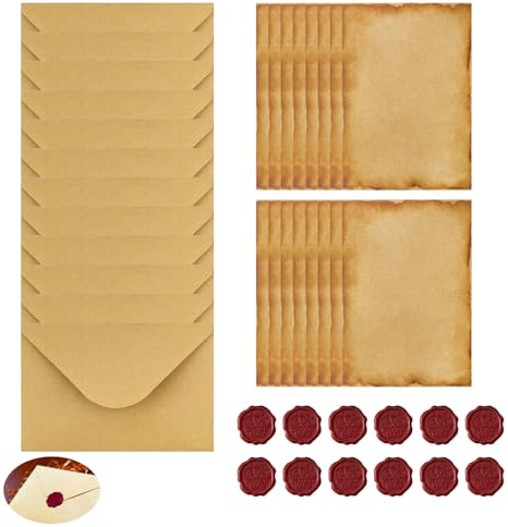 40 Stück Vintage Briefpapier mit Umschlag, Mittelalterliches Briefpapier Vintage Schreiben Set mit 12 Kraftpapier Umschläge 16 Kraftpapier und 12 Wachssiegel-Aufkleber Briefumschlag Briefpapier Set