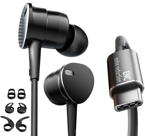 Typ C trådbundna hörlurar, djup bas sportöronsnäckor, magnetiska anti-trassel in-ear trådbundna hörlurar – samtal brusreducerande USB C-headset med mikrofon, stereo tungbas öronsnäcka (svart-USB