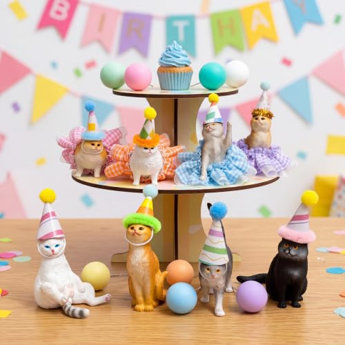 28 Pcs Cat Birthday Cake Toppers Set Including 8 Cat Figurines 8 Mini Hats 4 Mini Skirts and 8 Clay Ball Decorations Cat Themed Birthday Party Supplies for Kitty Lovers Cupcake Toppers Adults