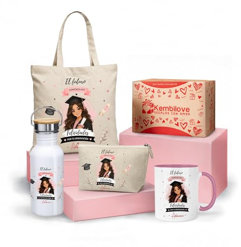 Kembilove® Regalo Graduación Personalizado para Mujer - Set Regalo con Caricatura, Bolsa Tote Bag, Taza, Botella y Neceser Personalizados - Caja Regalo Original para Graduada