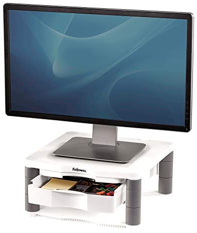 Fellowes Monitorständer Premium Plus, höhenverstellbar in 5 Stufen, ergonomisch, sehr stabil für Monitore bis 21 Zoll,, mit Schublade und Sichtfeld-Vorlagenhalter, weiß-grau